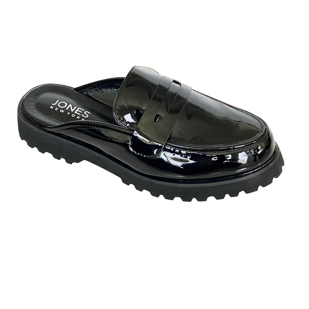 Jones New York Prizely Black Patent Lug Sole Penny Loafer Mules Womens 7.5 NEW
